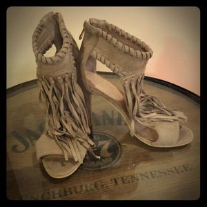 Tan fringed suede  2 inch heels open toe must have
